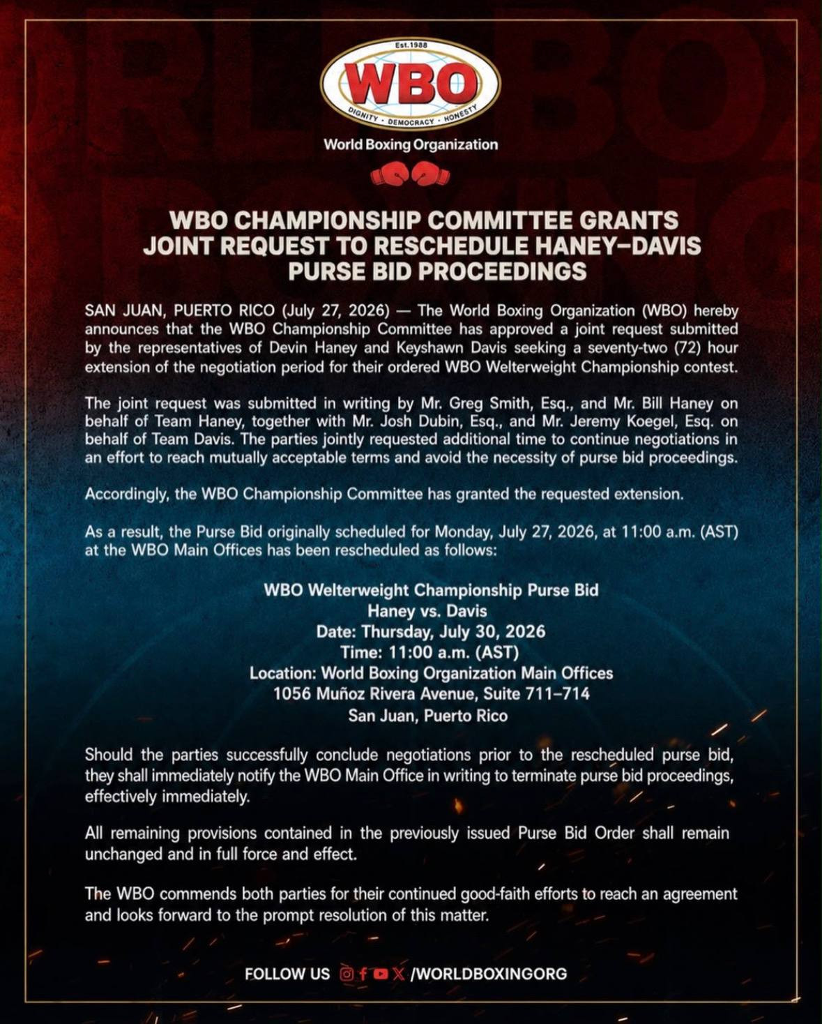 Haney vs. Keyshawn talks extended by WBO