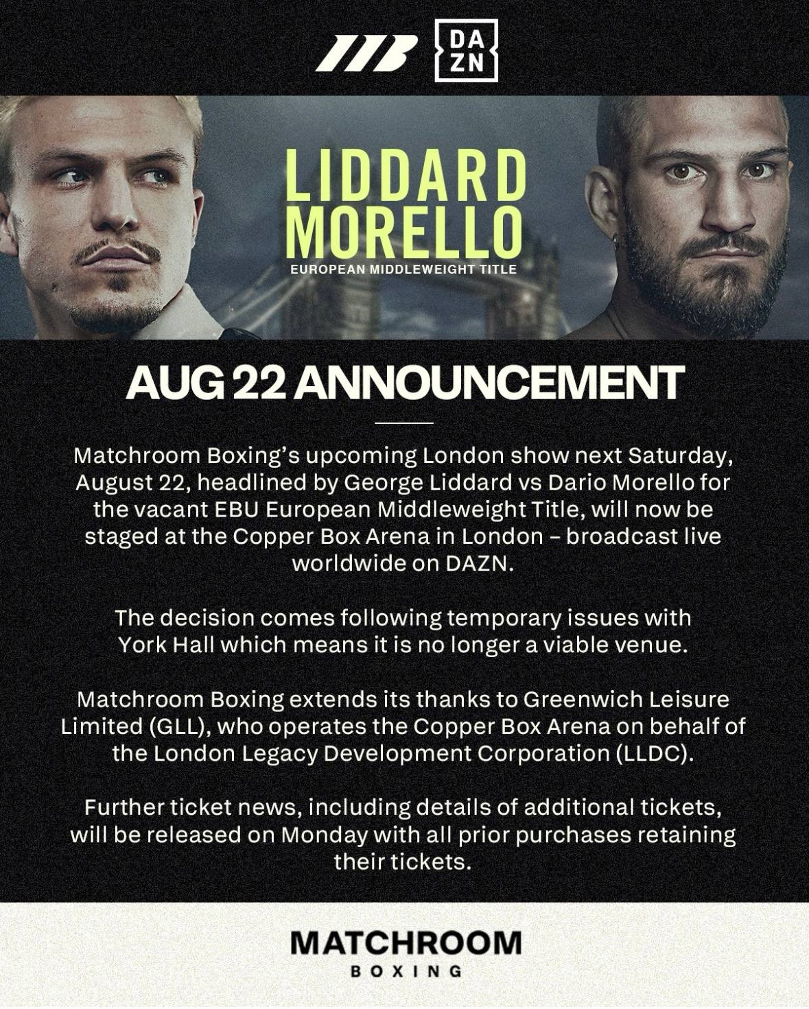 Liddard vs. Morello moved to Copper Box Arena